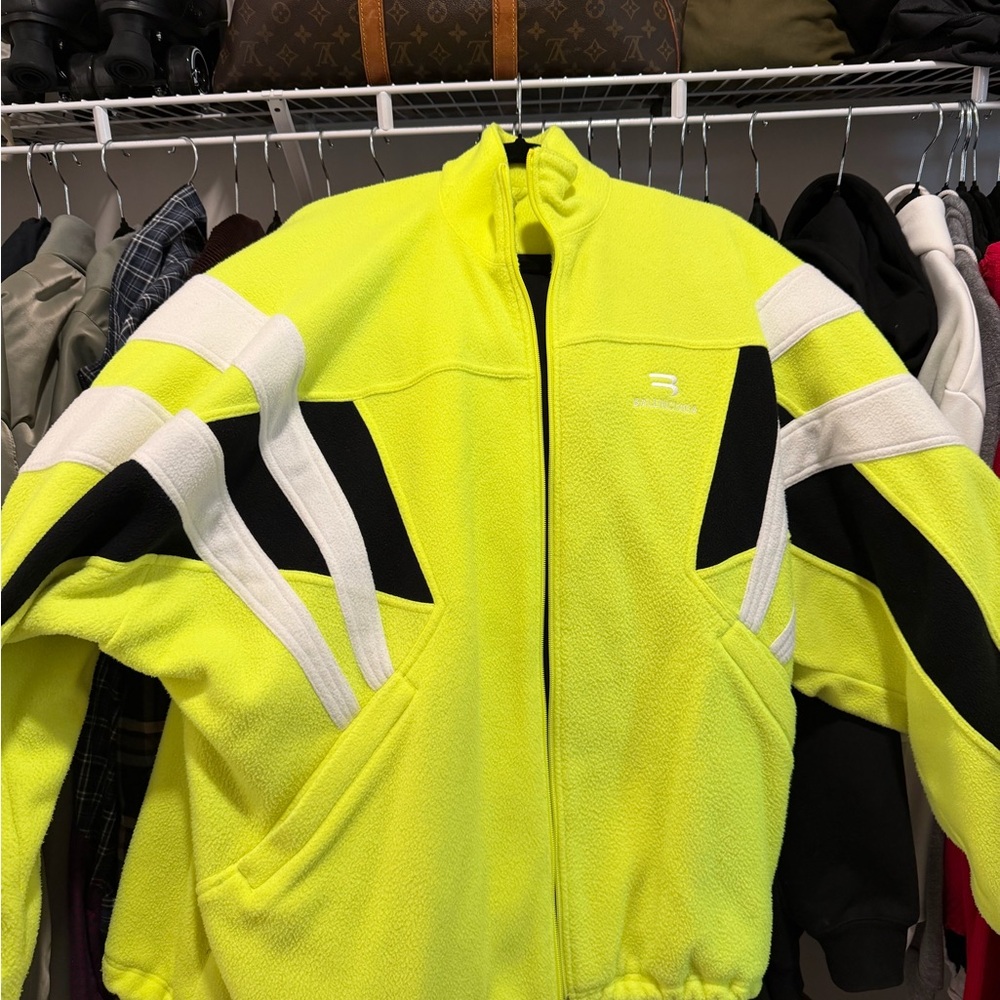Balenciaga Neon Yellow Zip Fleece Jacket with Black & White Accents